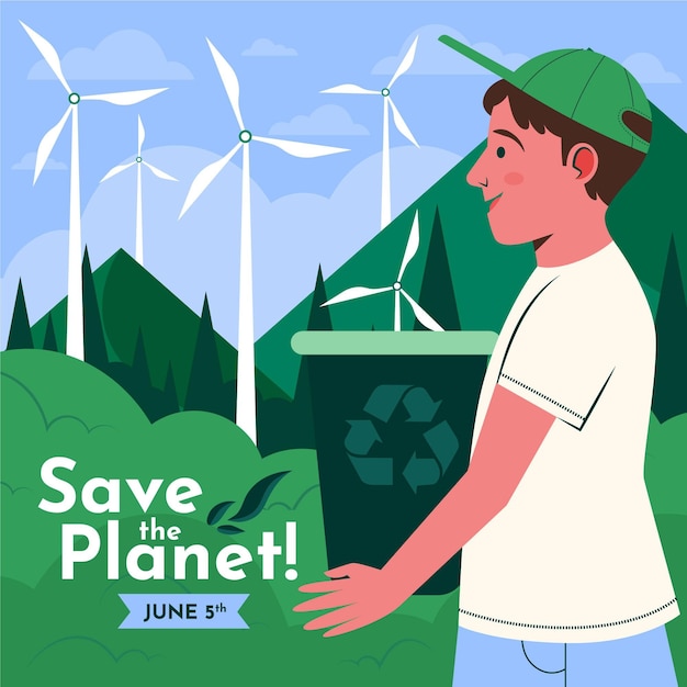 Día mundial del medio ambiente plano orgánico salva el planeta ilustración