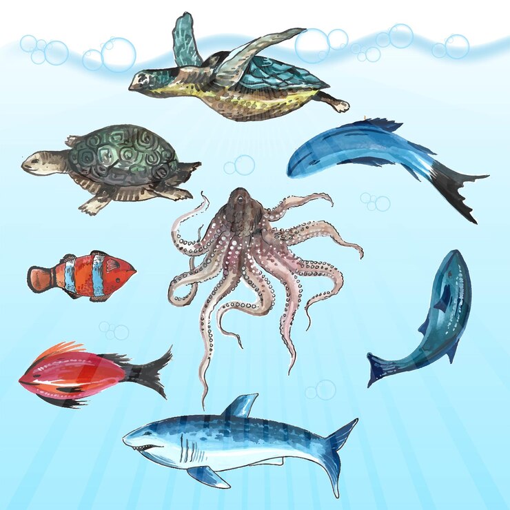 Vector gratuito día mundial del océano sobre fondo de elementos oceánicos de acuarela