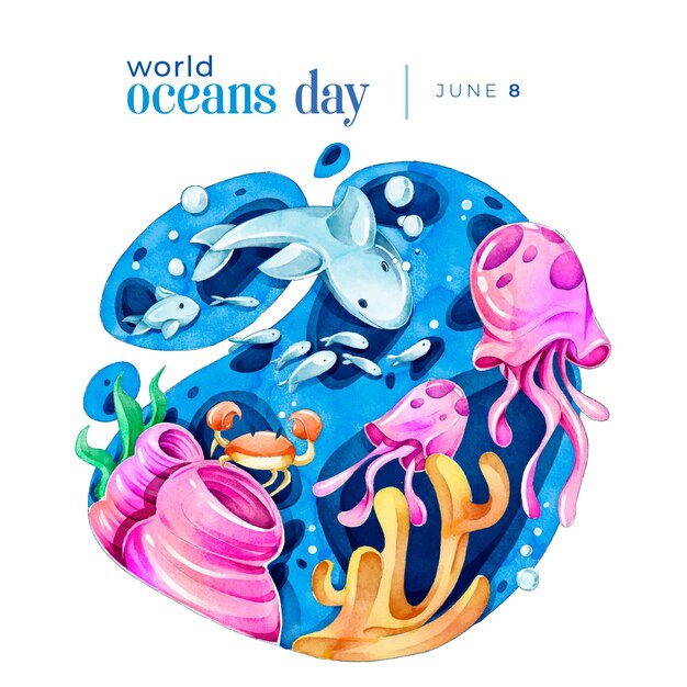Día mundial de los océanos en acuarela