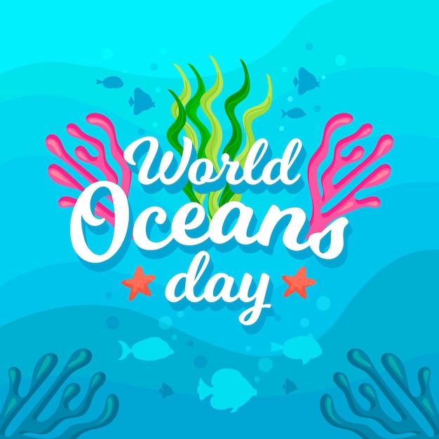 Vector gratuito día mundial de los océanos con peces y algas