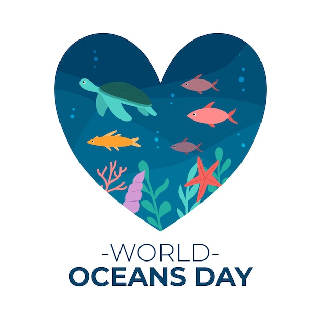 Día mundial de los océanos con peces y tortugas en el corazón