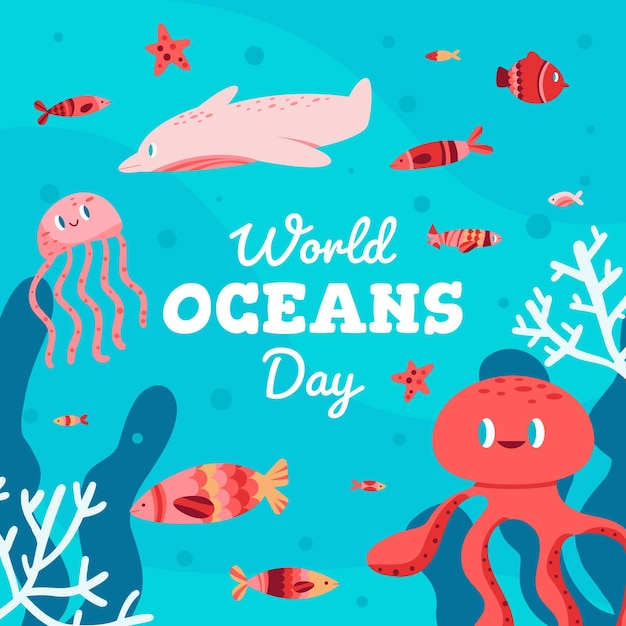 Vector gratuito día mundial de los océanos con pulpo y pescado