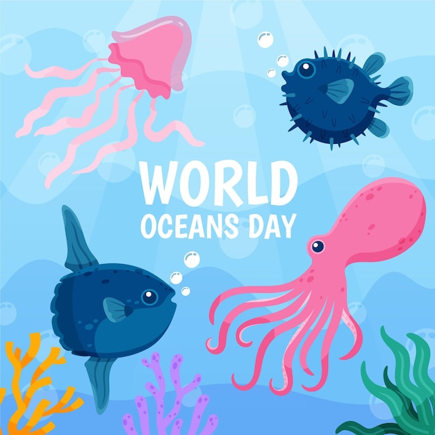 Día mundial de los océanos con pulpos y medusas