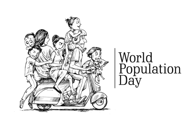 Día Mundial de la Población 11 de julio Feliz con su familia sentada en scooter Ilustración de vector de boceto dibujado a mano