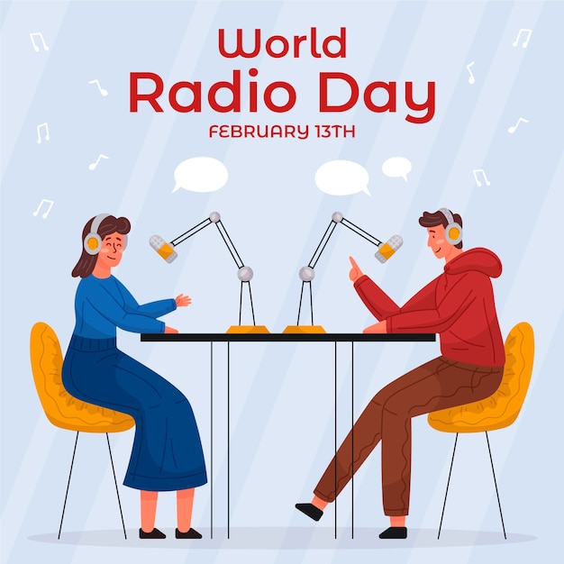 Vector gratuito día mundial de la radio dibujado a mano con personas y micrófonos.