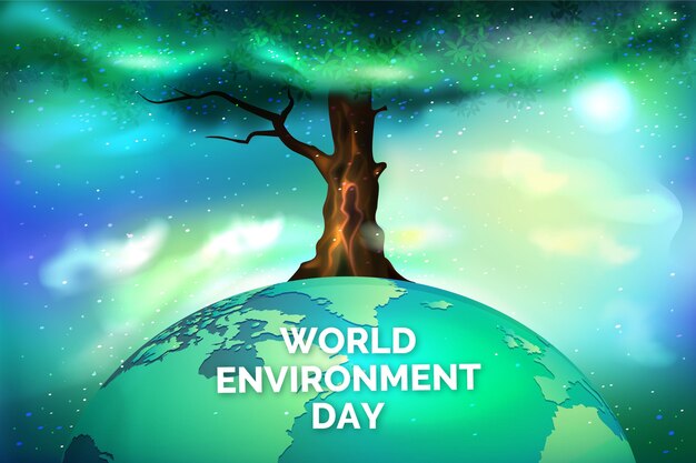 Día mundial realista del medio ambiente con árboles y planetas