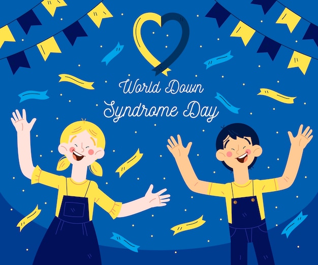 Día mundial del síndrome de down y niños dibujados a mano.