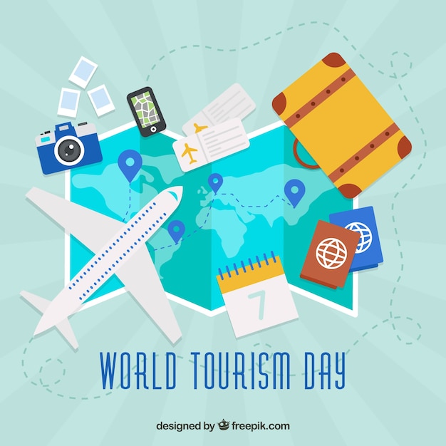 Día mundial del turismo, un avión sobre un mapa