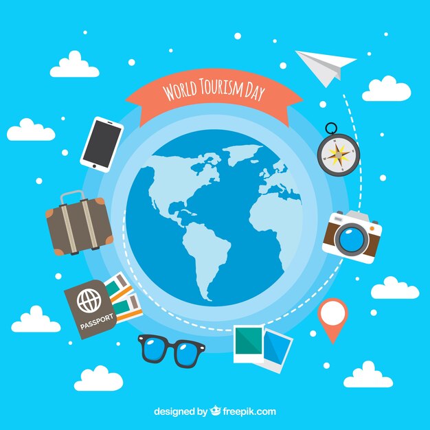Día mundial del turismo, elementos de viajes alrededor del mundo