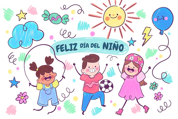 Día del niño dibujado a mano en fondo español