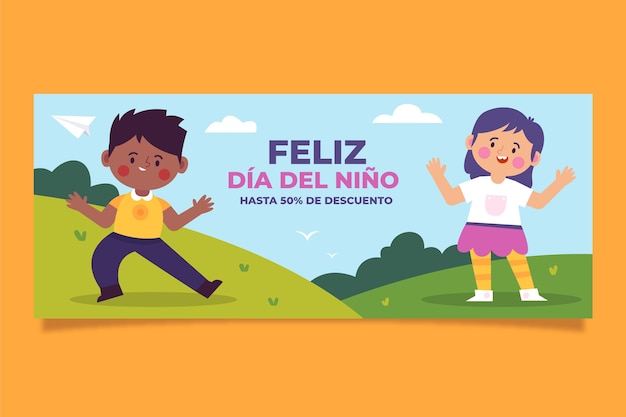 Vector gratuito día del niño plano en banner horizontal español