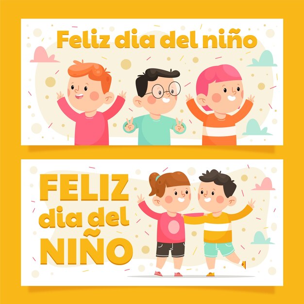 Día del niño plano dibujado a mano en banner horizontal español