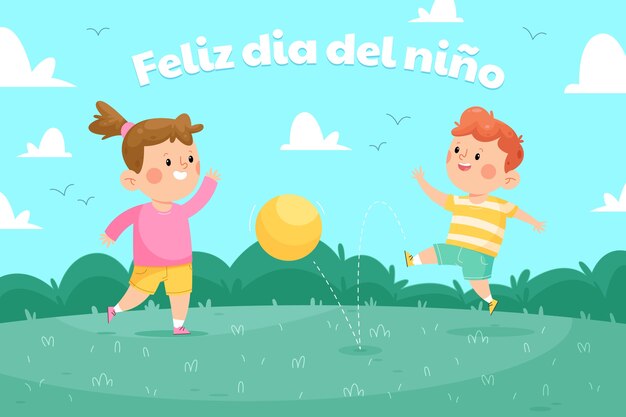 Día del niño plano dibujado a mano en fondo español
