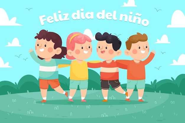 Día del niño plano dibujado a mano en fondo español