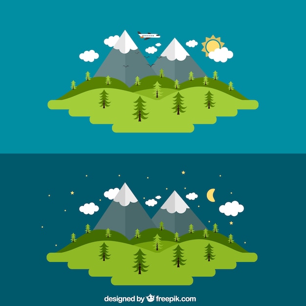 Vector gratuito día y noche de un paisaje rural