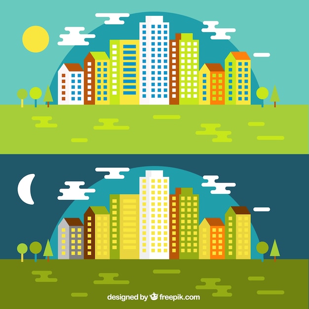 Vector gratuito día y noche paisaje urbano en diseño plano