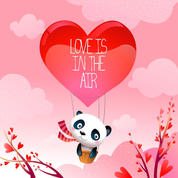 Día del oso de panda de san valentín en rising ilustración caliente del vector del globo del aire amor