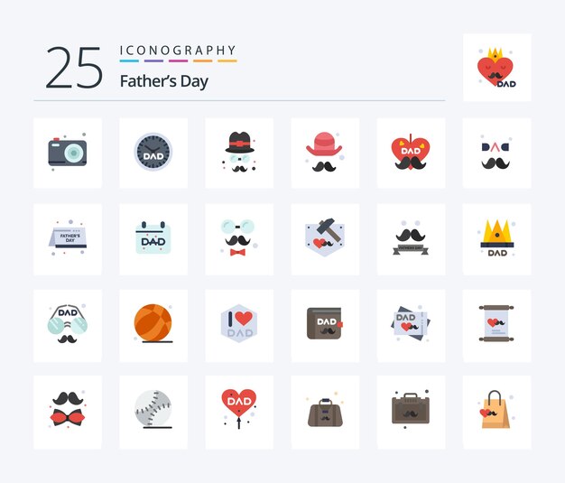 Vector gratuito día del padre 25 paquete de iconos de color plano que incluye fecha amor avatar día del padre papá