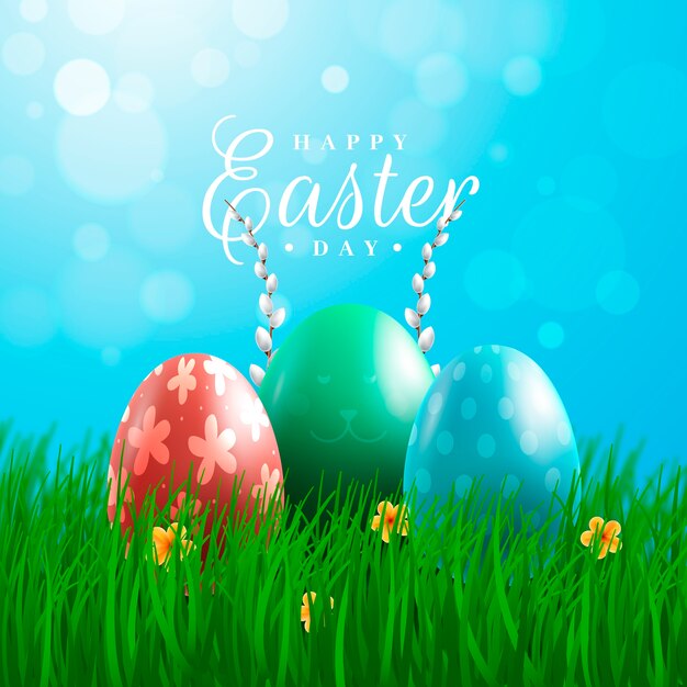 Día de pascua realista con huevos sobre hierba