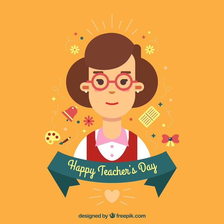 Vector gratuito día del profesorado, profesora sobre un fondo naranja