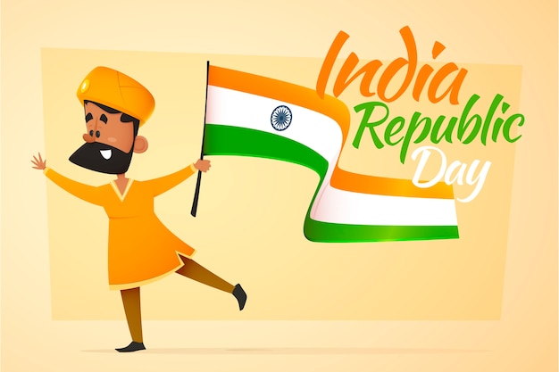 Día de la República de la India con el hombre que sostiene una bandera
