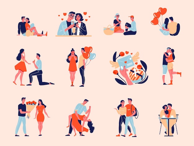 Día de san valentín amor conjunto de colores con iconos aislados personajes humanos de pareja amorosa en diferentes situaciones ilustración vectorial
