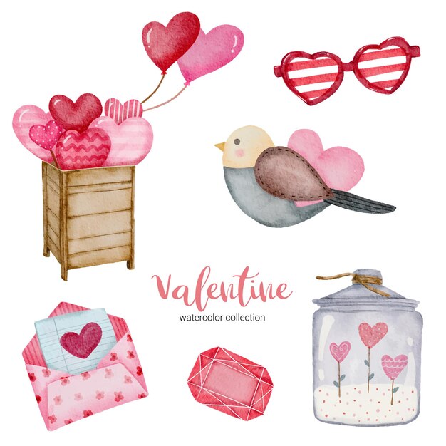 Día de San Valentín conjunto de elementos envolvente, pájaro; globo, gafas de sol y más.