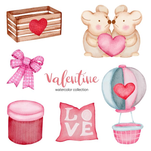 Día de San Valentín establece elementos almohada, globo de aire, ratón y más.