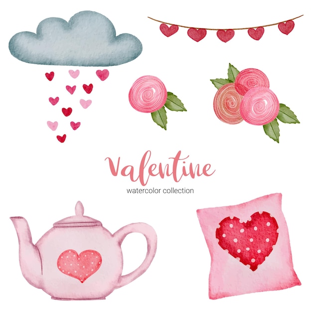 Día de san valentín establece elementos almohada, nube, rosa y más.