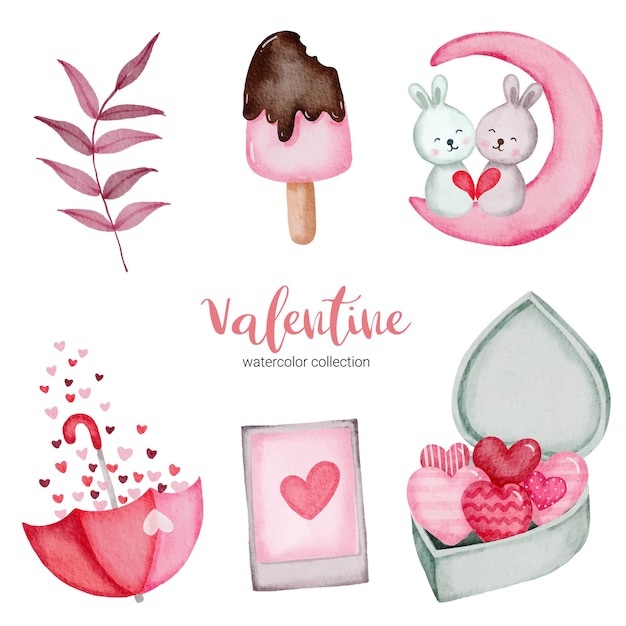 Día de San Valentín establece elementos conejo, helados, libros y más. Plantilla para kit de pegatinas, saludo, felicitaciones, invitaciones, planificadores. Ilustración vectorial