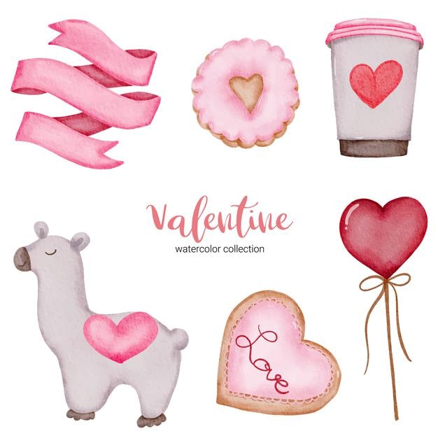 El día de San Valentín establece elementos dulces, taza de café, globos y más.