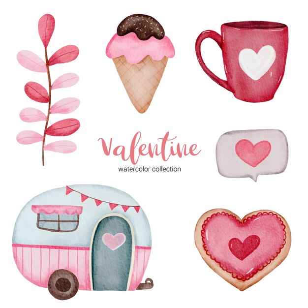 El día de San Valentín establece elementos de helado, taza de café, casa y más.