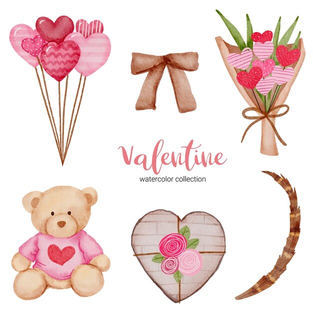 Día de San Valentín establecer elementos corazón, globo; peluche, cinta y más.