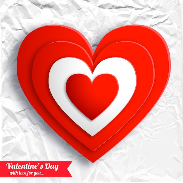 Vector gratuito día de san valentín hermoso fondo con corazones rojos en papel arrugado blanco aislado ilustración vectorial