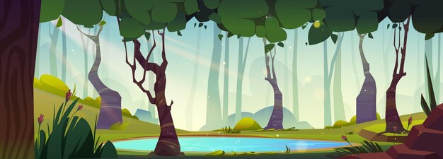 Día soleado en bosque verde con lago azul Ilustración de dibujos animados vectoriales de estanque de agua dulce clara entre árboles altos arbustos piedras tiradas en el suelo rayos de sol de verano hermoso paisaje natural