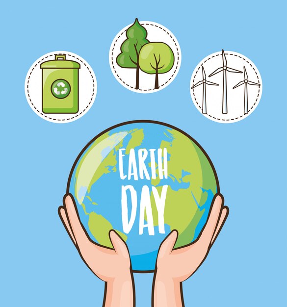 Día de la Tierra, conjunto de iconos con lata de reciclaje, árboles y planeta, ilustración