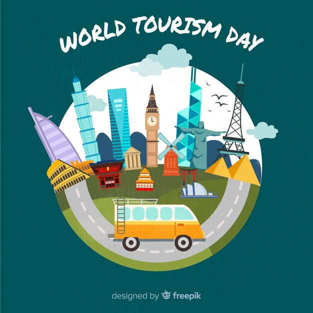 Día de turismo de diseño plano con hitos