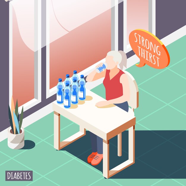 Diabetes isométrica con mujeres enfermas sintiendo sed fuerte y bebe agua ilustración vectorial