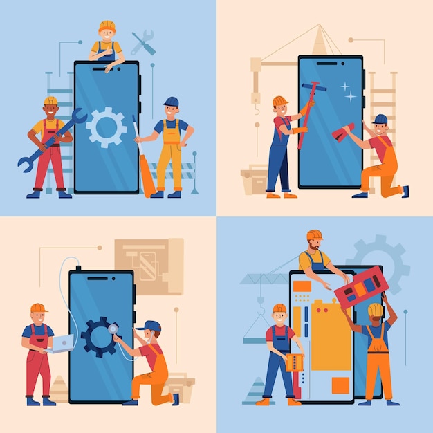 Vector gratuito diagnóstico del servicio de reparación de teléfonos desmontaje de pulido de pantalla 2x2 conjunto con personajes de ingeniero de tecnología feliz ilustración de vector plano aislado