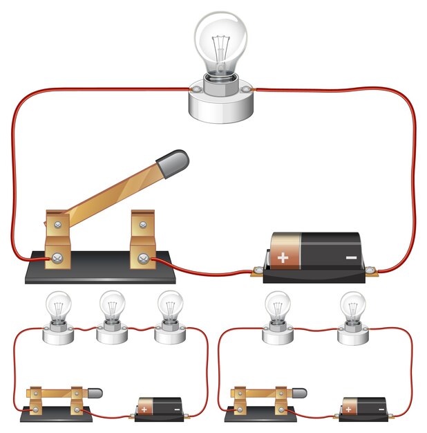 Diagrama de circuito infográfico de educación científica con baterías y bombilla