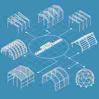 Vector gratuito diagrama de flujo de construcciones metálicas con símbolos de estructura de edificios industriales ilustración vectorial isométrica