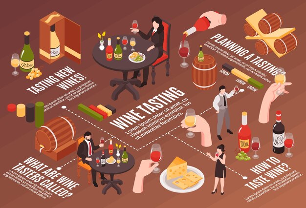 Diagrama de flujo infográfico isométrico de cata de vinos con catadores sommeliers compradores botellas de rosas rojas blancas copas de vino barriles de roble ilustración