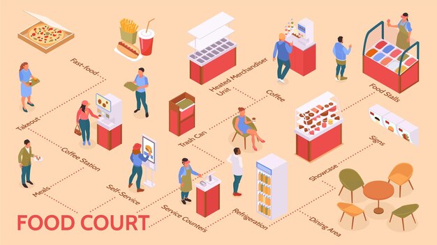 Diagrama de flujo isométrico del patio de comidas con símbolos de contadores de servicio ilustración vectorial