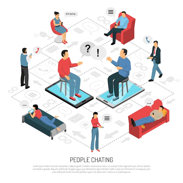 Diagrama de flujo isométrico de personas chateando