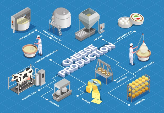 El diagrama de flujo isométrico de producción de queso ilustra el proceso desde el rendimiento de la leche y la pasteurización hasta la fermentación, prensado y maduración.