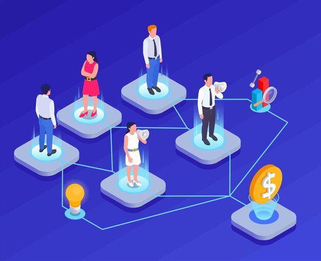 Diagrama de flujo isométrico de tecnologías de marketing que atrae a clientes con descuentos y ventas de varias maneras ilustración