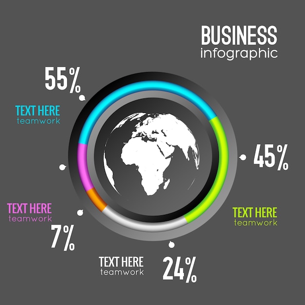 Diagrama de gráfico de infografía empresarial con porcentaje de círculo e icono de globo