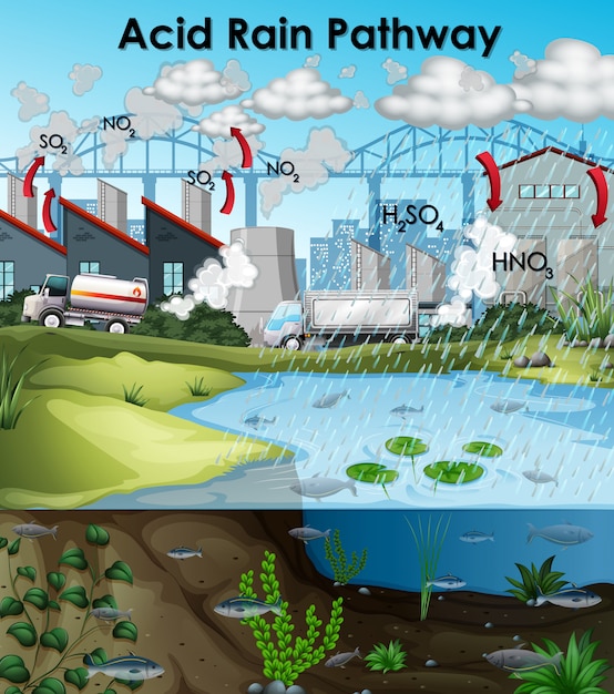 Diagrama de lluvia ácida con edificios y agua.