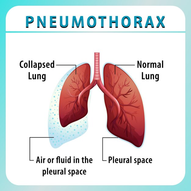 Diagrama de neumotórax con pulmón colapsado y pulmón normal
