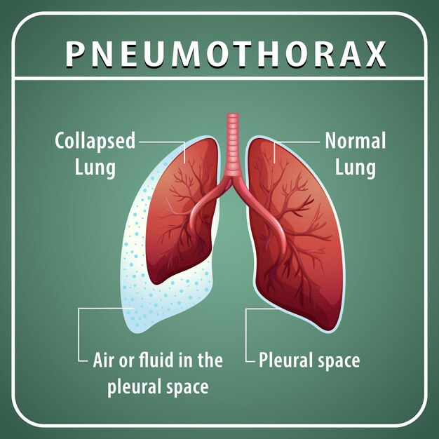 Diagrama de neumotórax con pulmón colapsado y pulmón normal